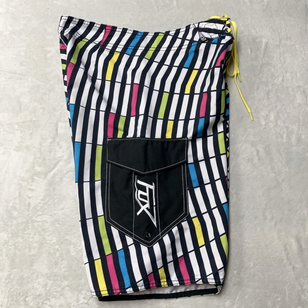 Y2K Fox Racing Board Shorts Mens 32 Fit 31 Colorful Geometric Abstract Big Logo - Picture 4 of 11